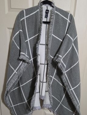 Indigo Gray and White Plaid Fringe Poncho